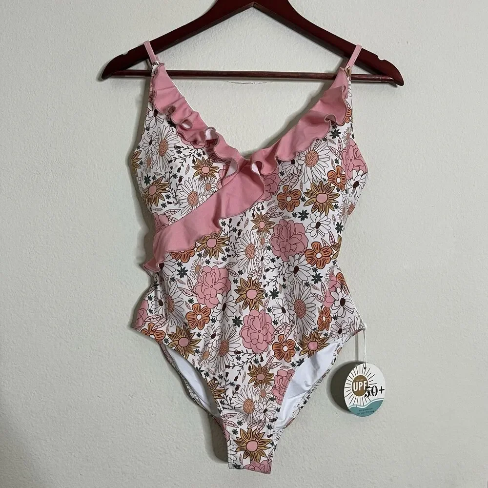NWT Caden Lane Women’s Teen Girl SZ M Swimsuit Ruffle Floral Pink Blue One Piece